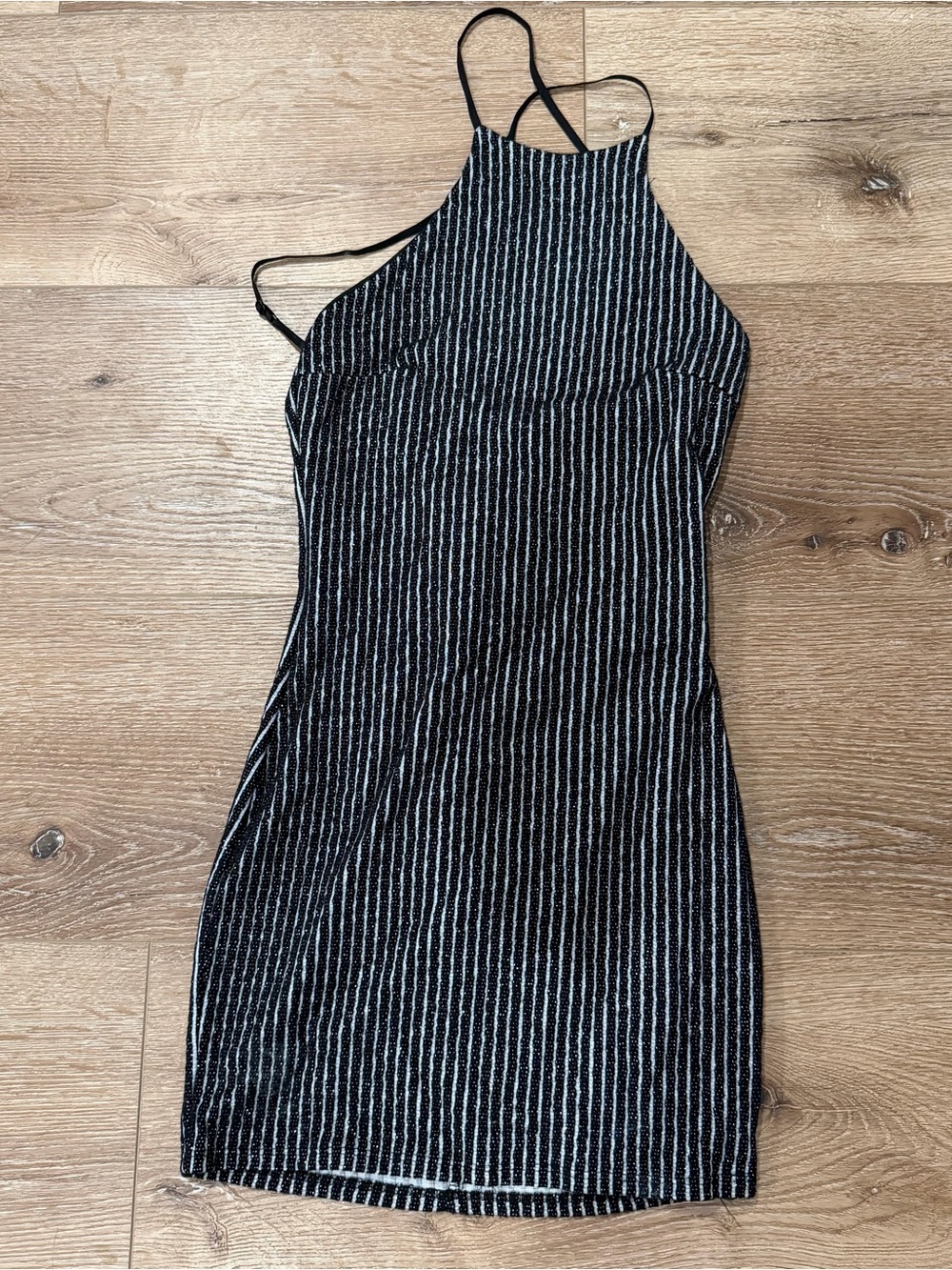Sleek Black & Silver Striped Halter Bodycon Dress NWT